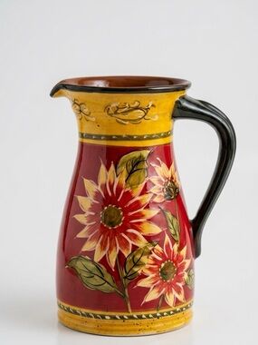 Pier 1 Imports Hand Painted Terracotta Sunflower Large Beverage Pitcher 72 Oz